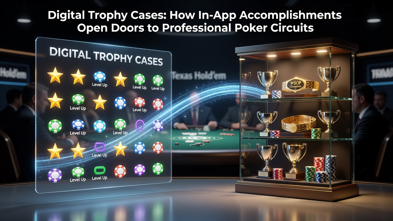 Digital trophy case interface showing poker achievement badges and qualification milestones on a mobile app screen