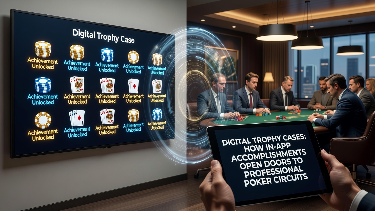 Professional poker tournament floor with players checking qualification status on mobile devices during a circuit event