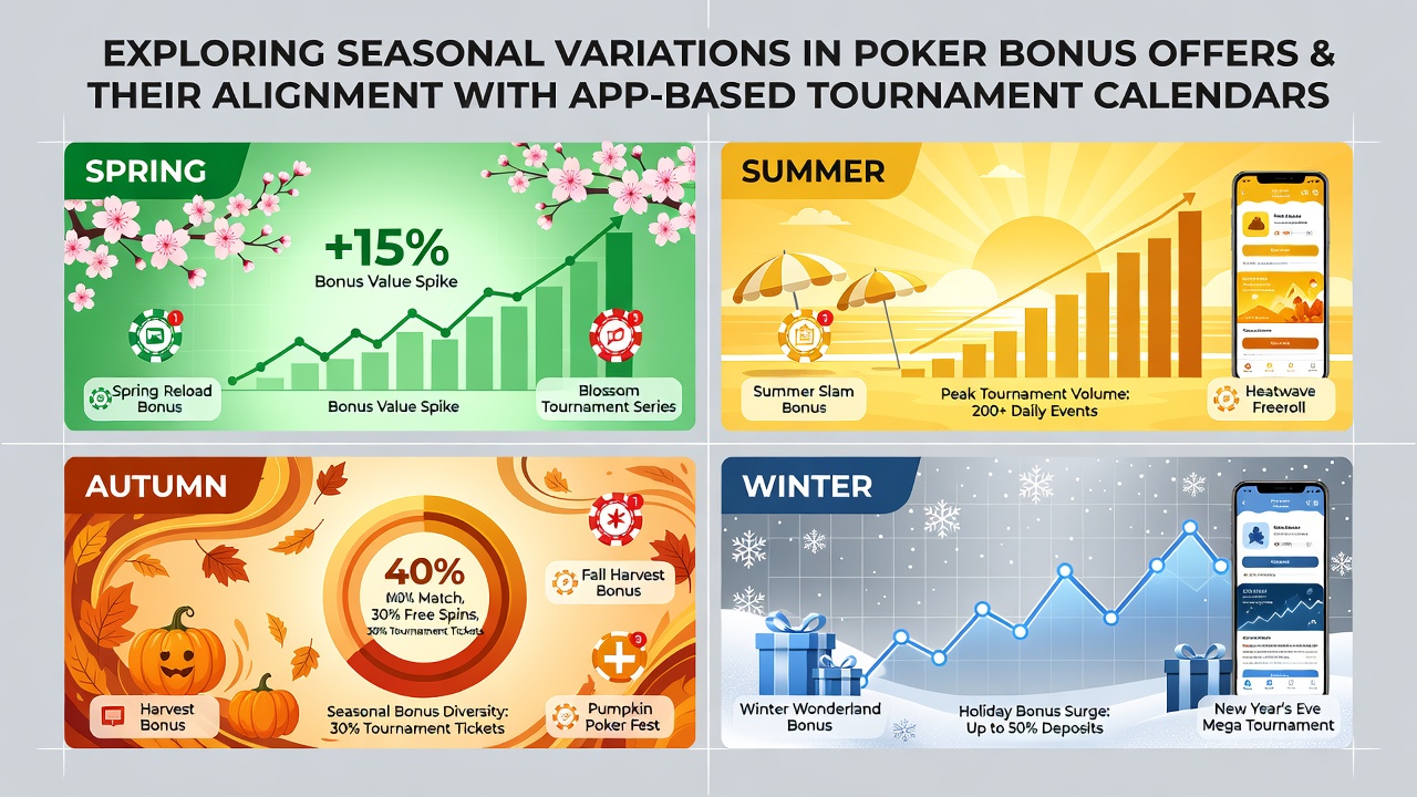 Mobile poker app interface displaying bonus offers next to tournament calendar