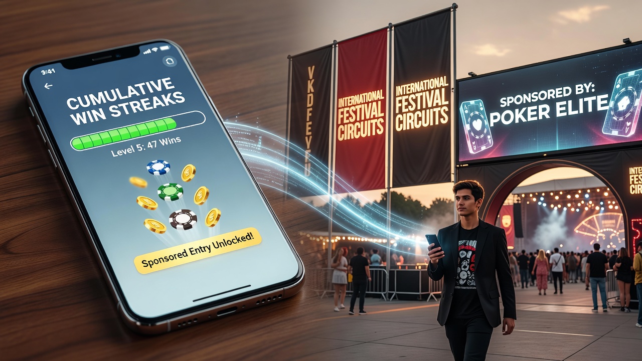 Smartphone displaying poker app interface with win streak counter and qualification progress bar