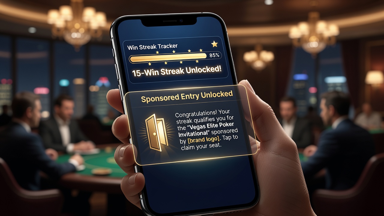 Live poker festival venue with players checking mobile qualification status on tablets