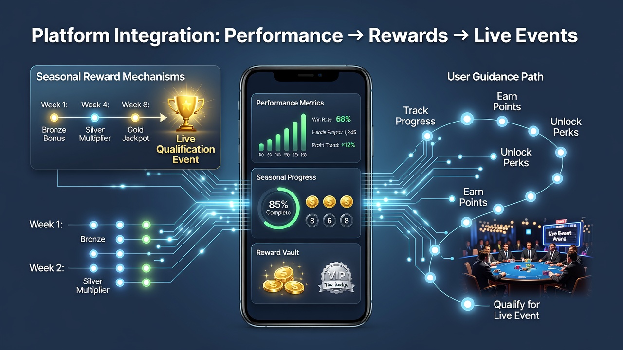 Smartphone screen displaying poker performance tracking dashboard with seasonal rewards and live qualification progress