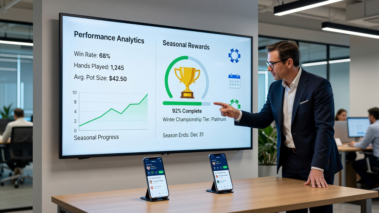 Mobile app interface showing seasonal leaderboard standings connected to live poker tournament qualification tickets