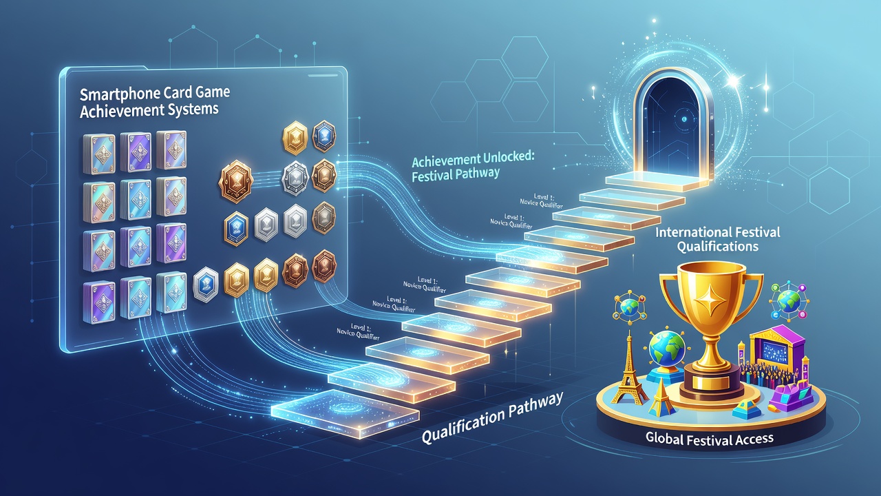 Smartphone screen displaying achievement badges and leaderboard rankings in a mobile card game app