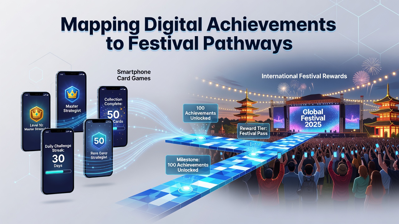 Players at an international card game festival event with digital qualification displays