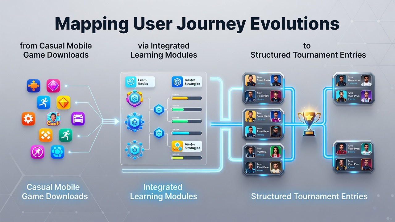 Illustration of mobile game user progression from casual downloads through learning modules to tournament participation