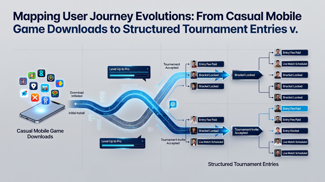 Diagram showing learning module integration leading to tournament qualification pathways in mobile gaming apps