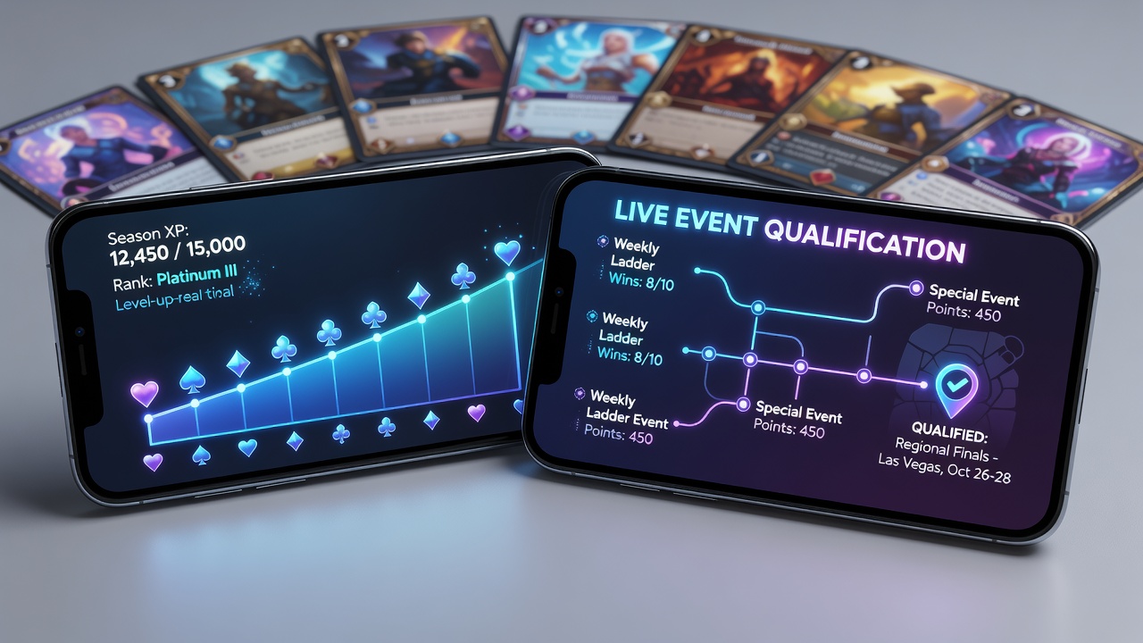 Smartphone displaying poker app progression dashboard with level indicators and qualification milestones