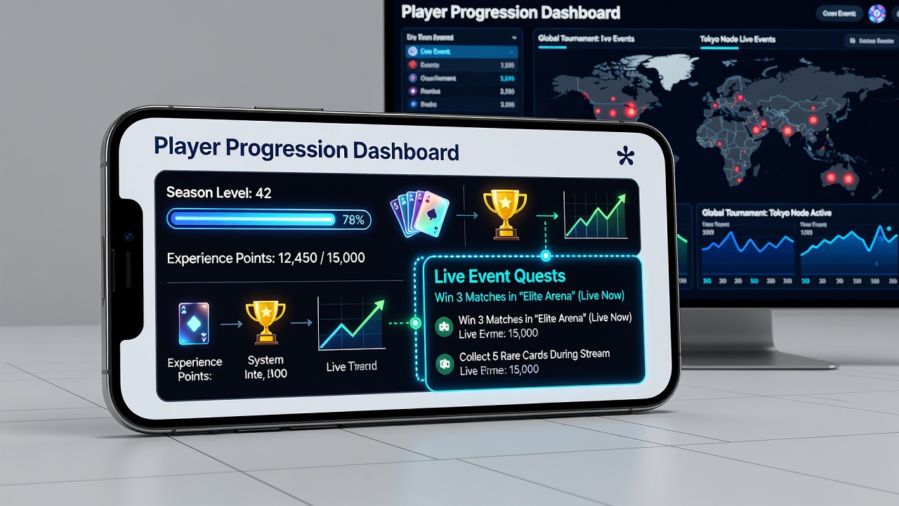 Live poker tournament floor with players and qualification banners linking mobile progress tracking