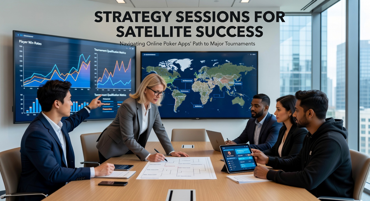 Group of poker players huddled around laptops during a strategy session, analyzing satellite tournament data on screens