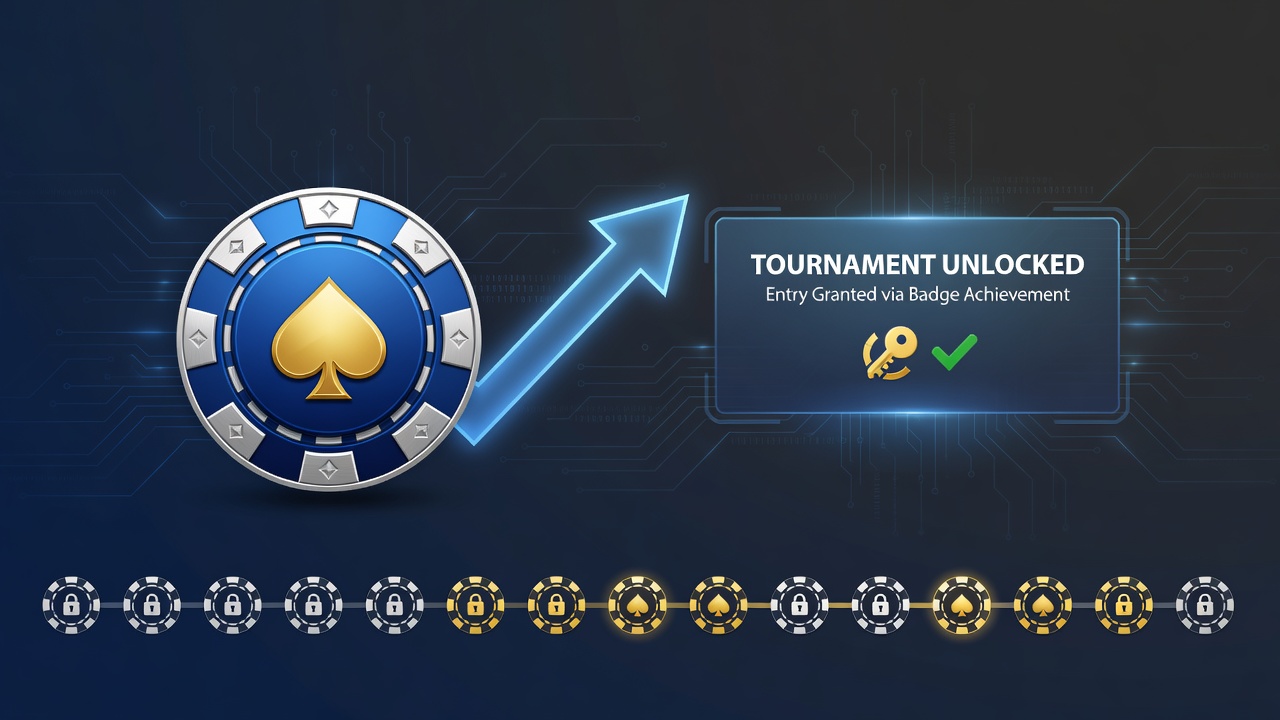 Digital poker app interface showing achievement badges and tournament entry options on a mobile screen