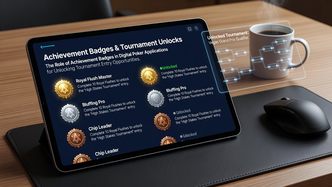 Player dashboard in a poker app displaying collected badges and available tournament redemptions