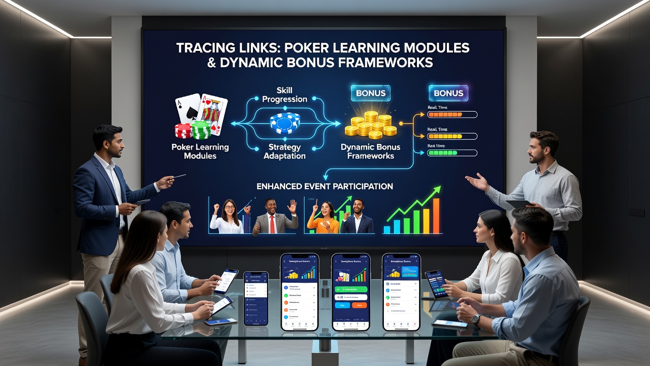 Smartphone screen displaying poker learning modules alongside bonus framework indicators in a mobile poker app interface