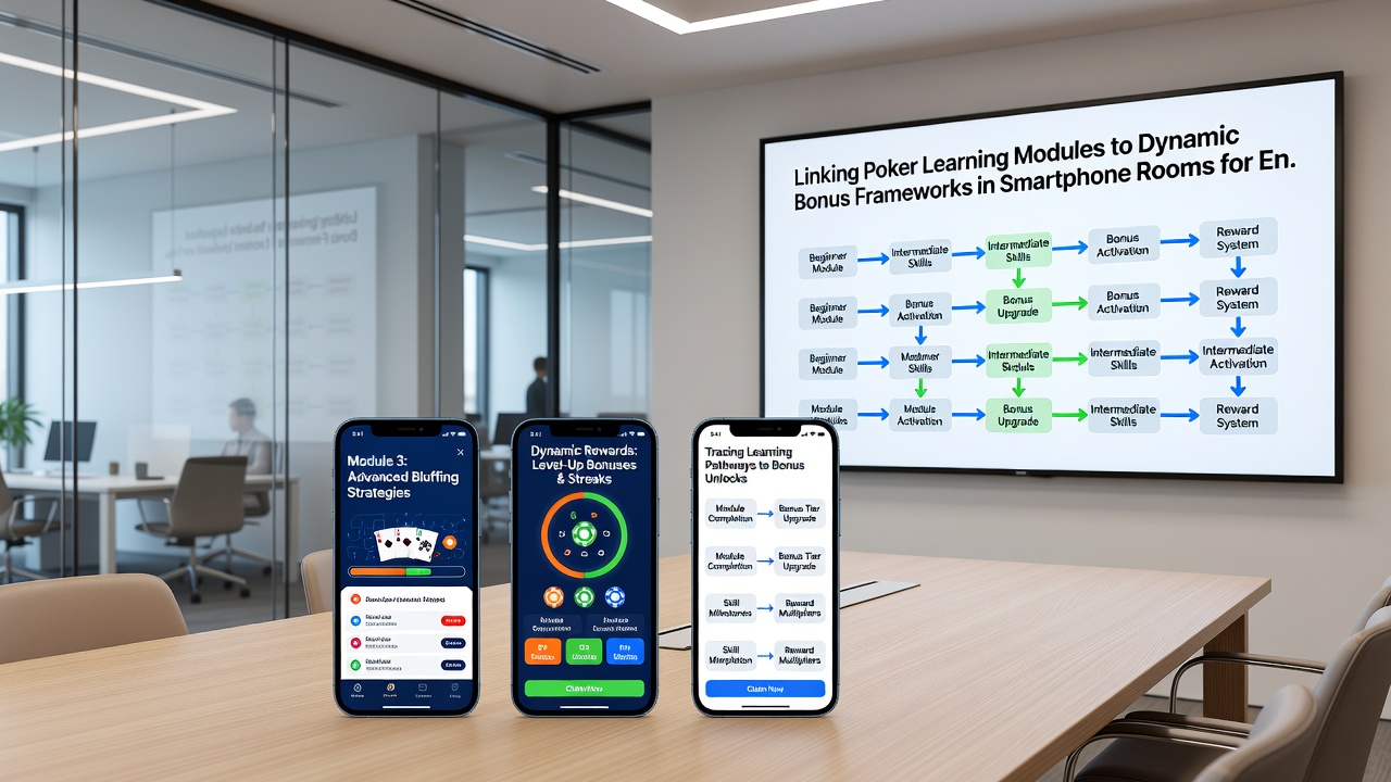 Mobile poker tournament schedule screen showing integrated bonus indicators and learning progress trackers