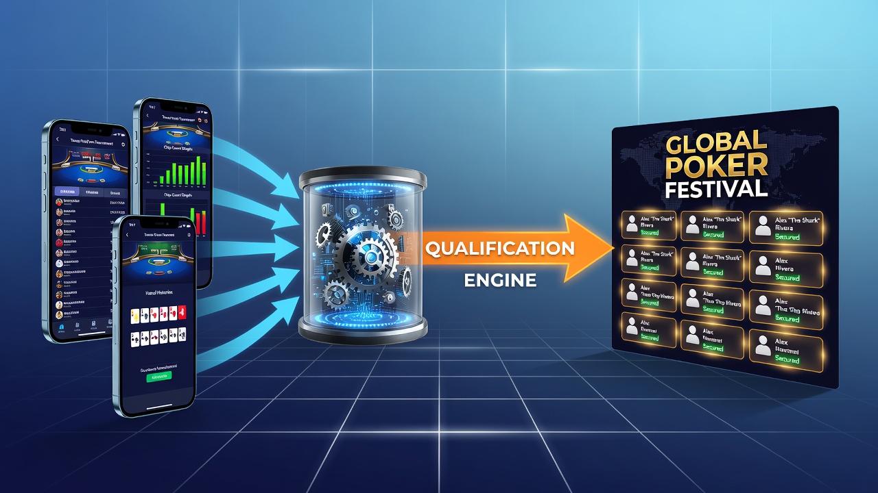Live poker festival main stage with players competing in a high-stakes event following app qualification routes