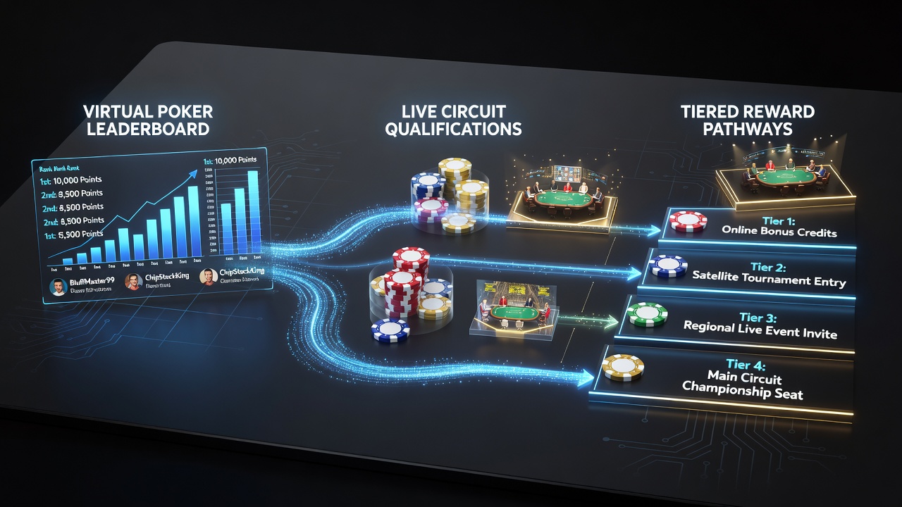 Virtual poker leaderboard interface showing tiered rewards and qualification paths to live circuits